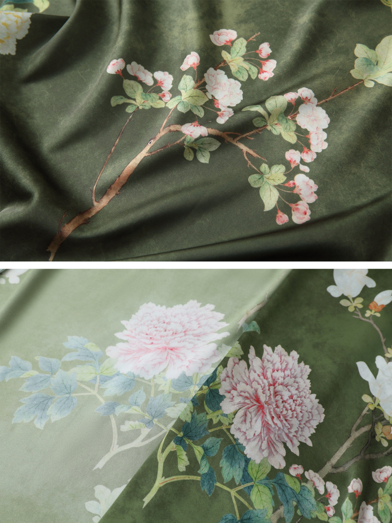Floral Olive Kimono Robe | Anya Lust Luxury Robe | Silky Olive Full Length Floral Print Kimono Robe For Lounging