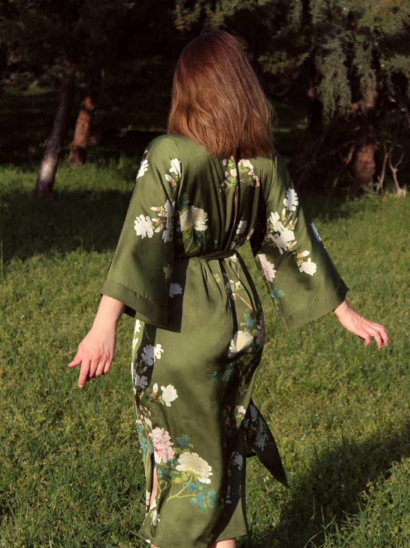 Floral Olive Kimono Robe | Anya Lust Luxury Robe | Romantic Silk Robe With Removable Waist Tie