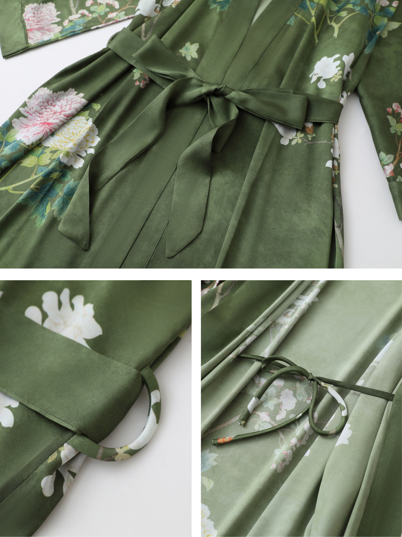 Floral Olive Kimono Robe | Anya Lust Luxury Robe | Traditional Japanese Olive Floral Robe With French Seams