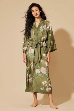 Floral Olive Kimono Robe | Anya Lust Luxury Robe | Luxury Full Length Olive Floral Kimono Robe For Women