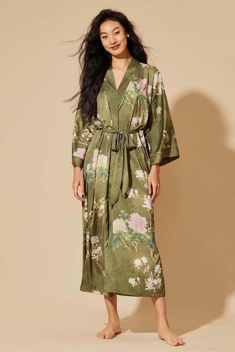 Floral Olive Kimono Robe | Anya Lust Luxury Robe | Luxury Full Length Olive Floral Kimono Robe For Women