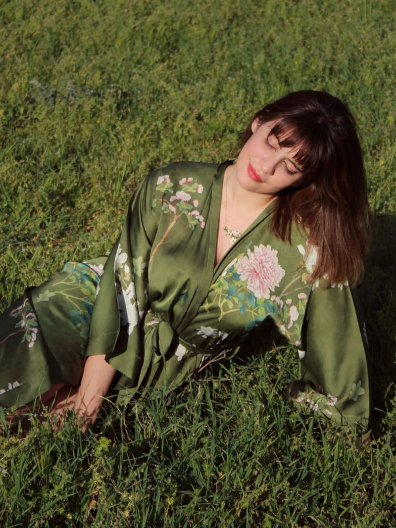 Floral Olive Kimono Robe | Anya Lust Luxury Robe | Romantic Olive Floral Lounging Robe For Women