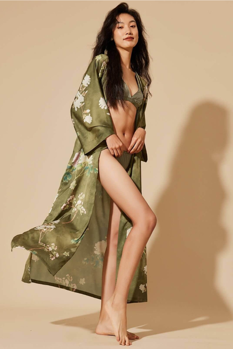 Floral Olive Kimono Robe | Anya Lust Luxury Robe | Luxury Silky Sleepwear Kimono Robe For Night