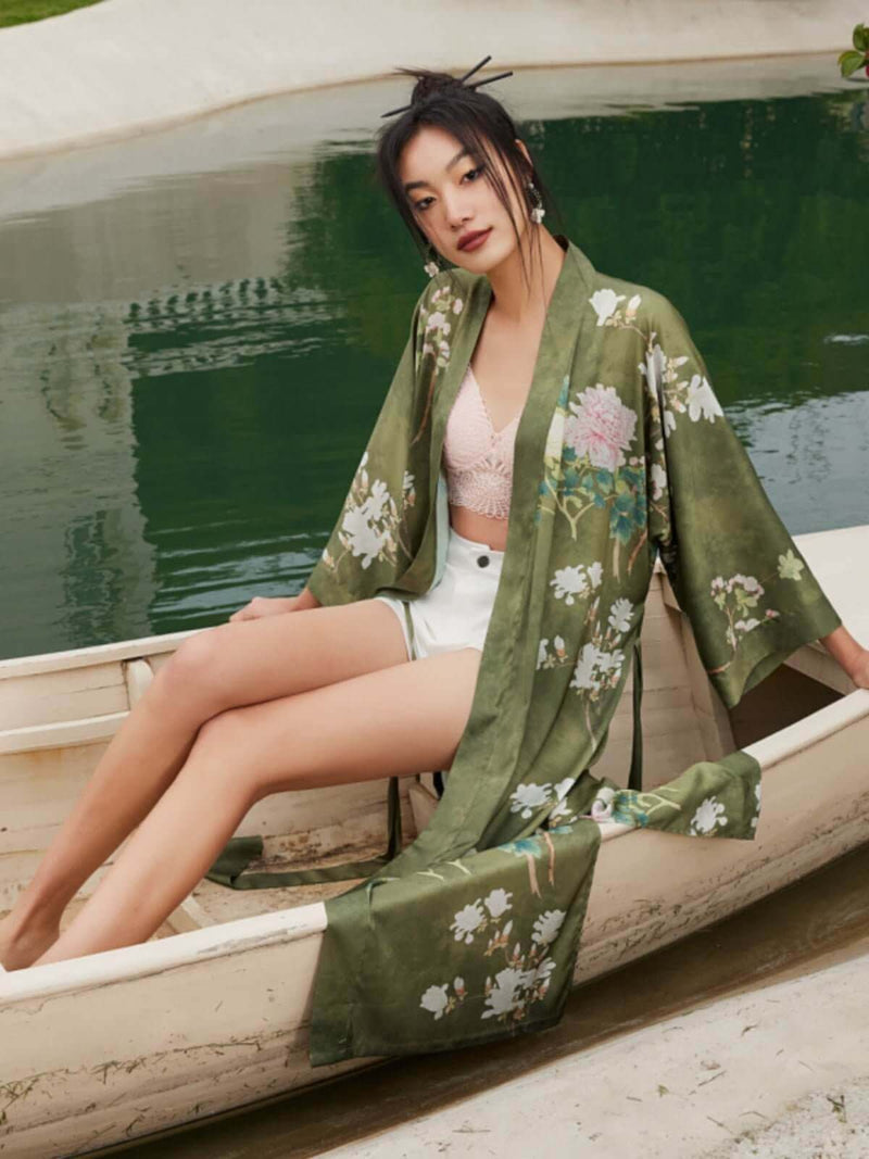 Floral Olive Kimono Robe | Anya Lust Luxury Robe | Silky Lightweight Kimono Robe For Summer