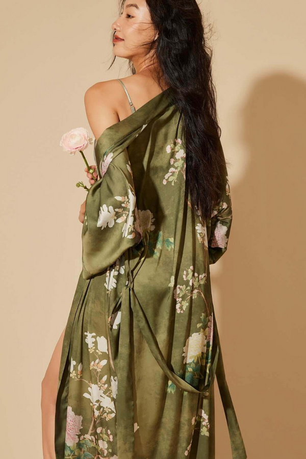 Floral Olive Kimono Robe | Anya Lust Luxury Robe | Elegant Olive Floral Japanese Style Kimono For Lounging