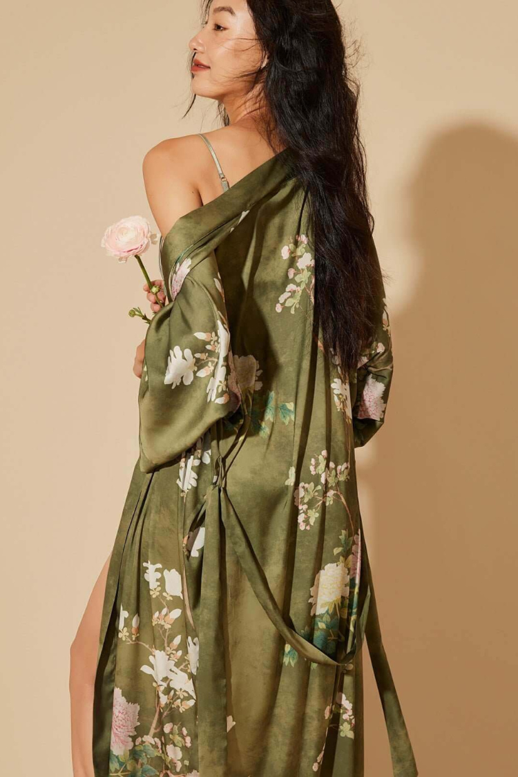 Floral Olive Kimono Robe | Anya Lust Luxury Robe | Elegant Olive Floral Japanese Style Kimono For Lounging