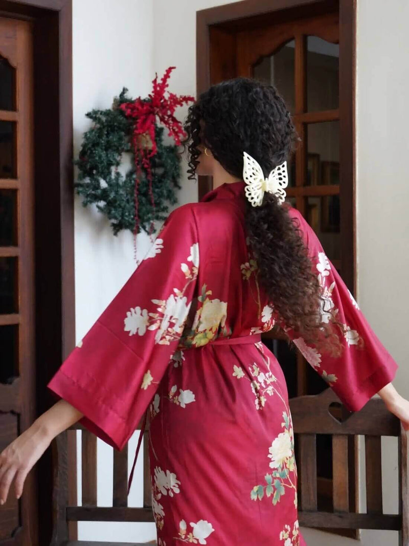 Floral Red Kimono Robe | Anya Lust Luxury Robe | Full Length Floral Kimono Robe For Sleep 