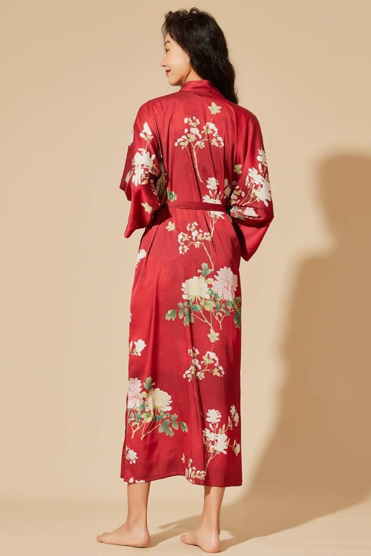 Floral Red Kimono Robe | Anya Lust Luxury Robe | Elegant Red Floral Japanese Style Kimono
