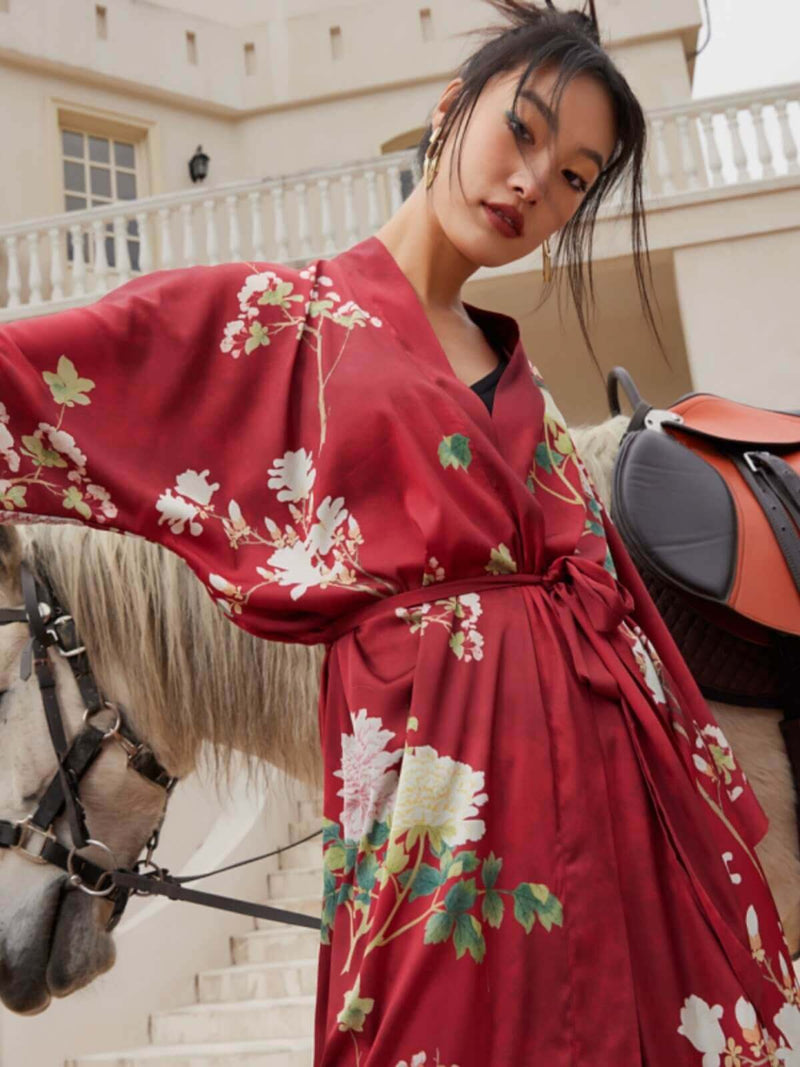 Floral Red Kimono Robe | Anya Lust Luxury Robe | Romantic Red Floral Lounging Robe For Women