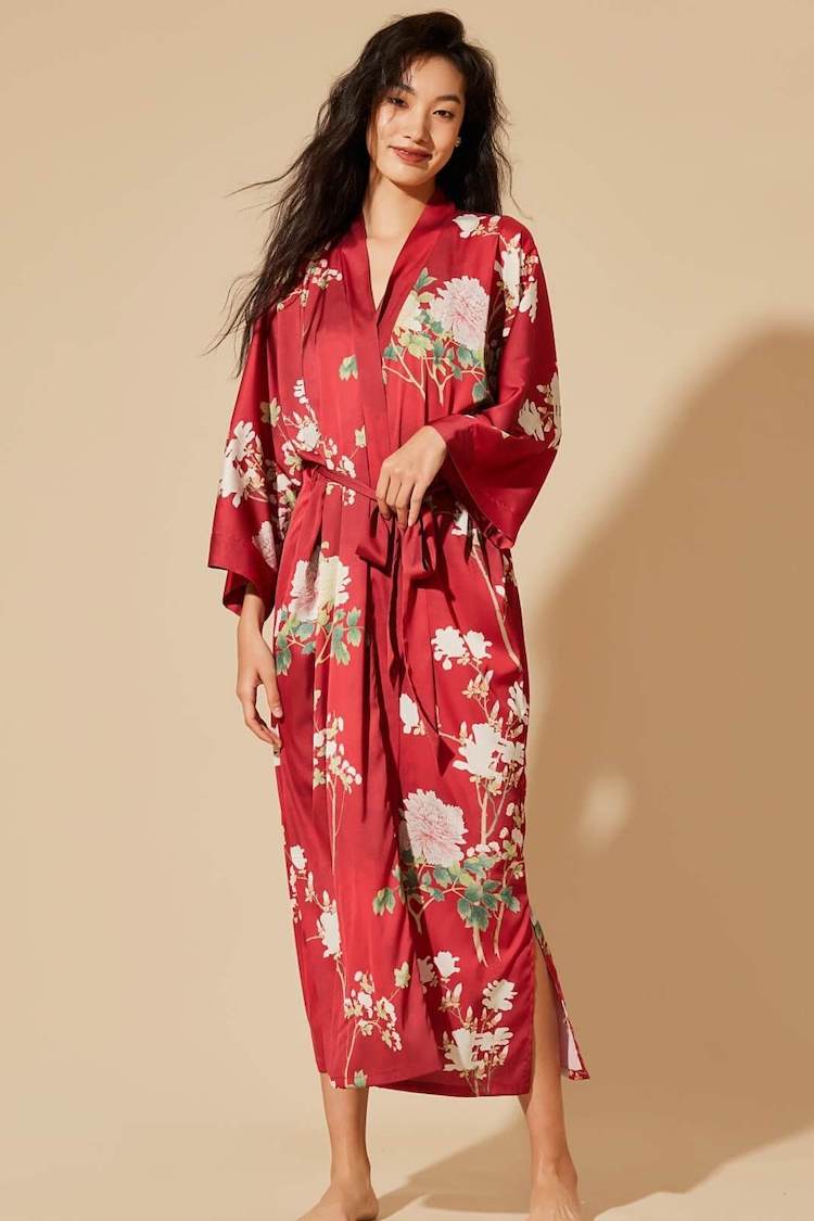 Floral Red Kimono Robe | Anya Lust Luxury Robe | Bridal Party Red Floral Silky Kimono Robe
