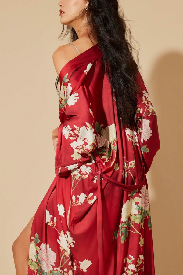 Floral Red Kimono Robe | Anya Lust Luxury Robe | Elegant Red Charmeuse Kimono Robe With Belt