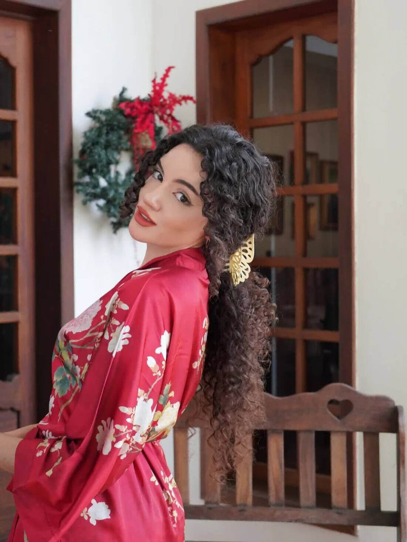 Floral Red Kimono Robe | Anya Lust Luxury Robe | Silky Lightweight Kimono Robe For Summer