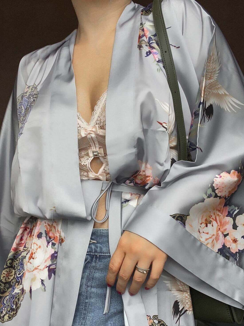 Garden Crane Gray Kimono Robe | Anya Lust Luxury Robe | Romantic Gray Silk Kimono Robe With Longsleeves