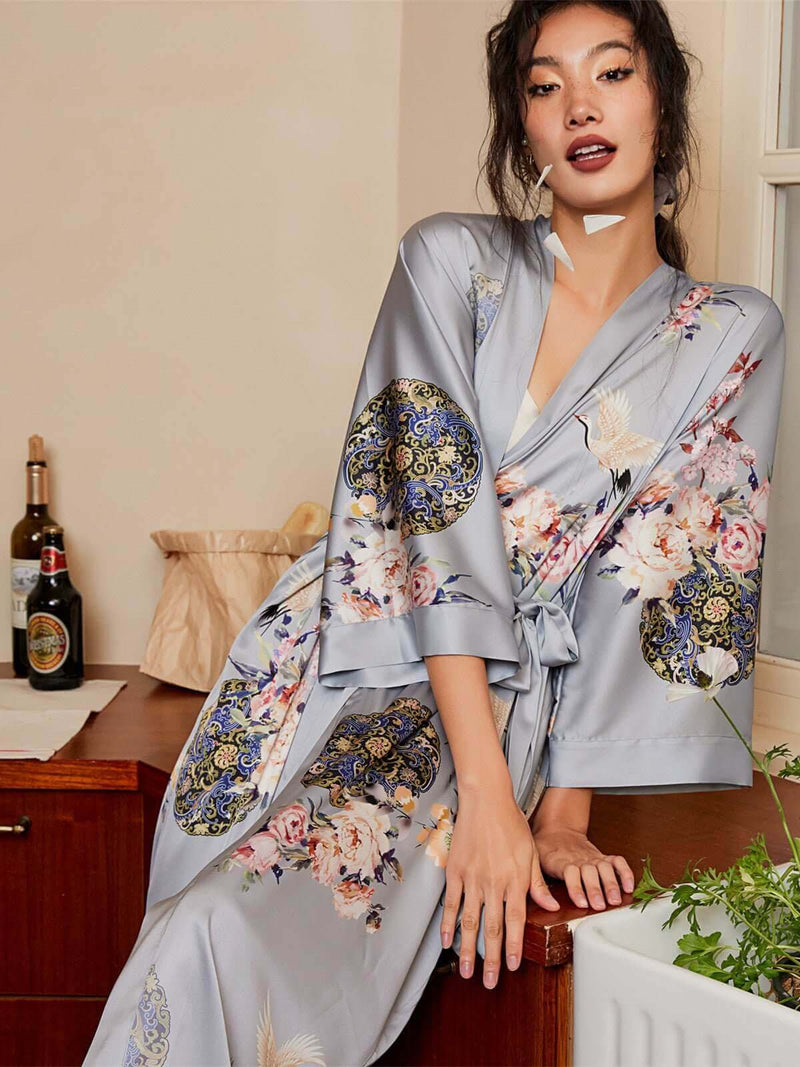 Garden Crane Gray Kimono Robe | Anya Lust Luxury Robe | Silky Sleepwear Kimono Robe For Women 