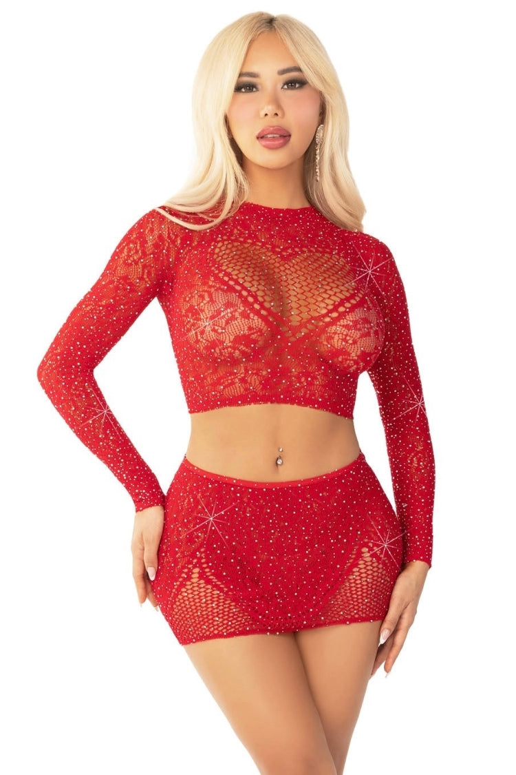 Gemma Lace Crop Top And Skirt Set | Anya Lust Luxury Lingerie | Rhinestone Studded Longsleeve Crop Top And Short Skirt For Women 