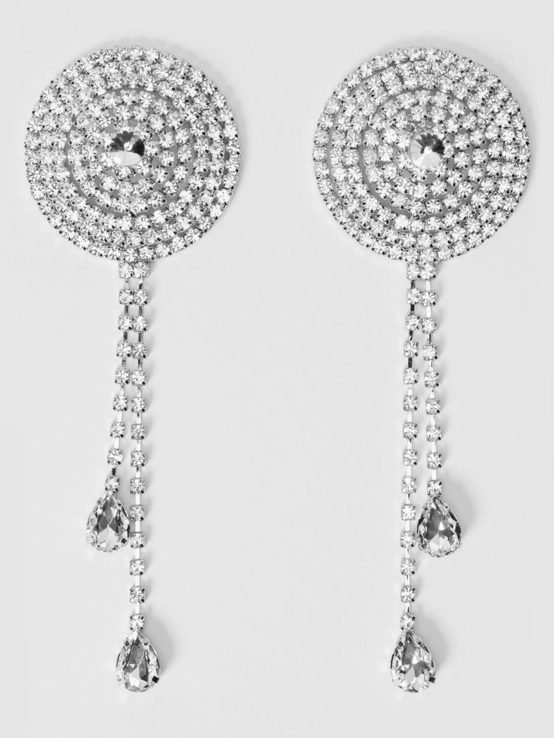 Gemma Rhinestone Cone and Dangle Pasties | Luxury Lingerie Anya Lust | Model wearing sparkly rhinestone cone pasties with dangling crystal strands