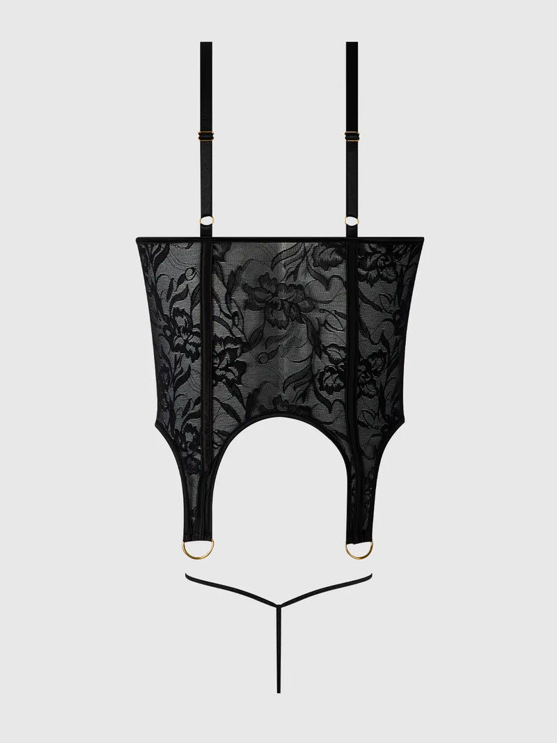 Reanna Lace Garter Bustier & G-String Set | Luxury Black - Anya Lust