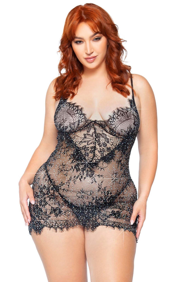 Gemma Lace Rhinestone Plus Size Babydoll Set