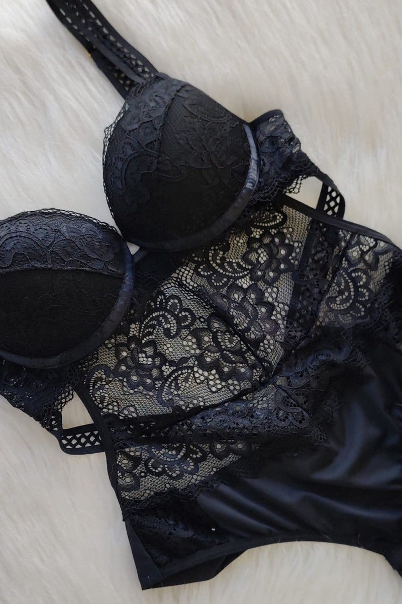 Jill Cutout Bodysuit | Anya Lust Luxury Lingerie | Romantic Black Sheer Floral Lace Open Cut Bodysuit for women