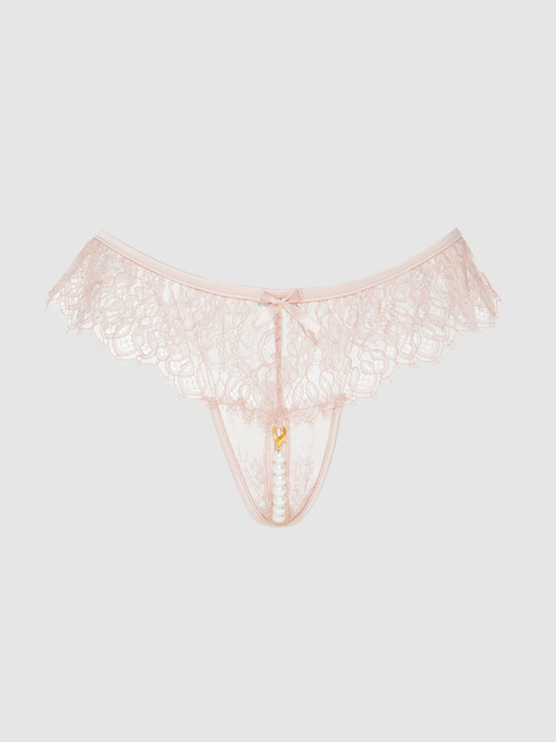 Jocelyn Lace And Pearl Open Thong Baby Pink | Anya Lust Luxury Lingerie | Soft Pink Alluring Sheer Lace Thong 