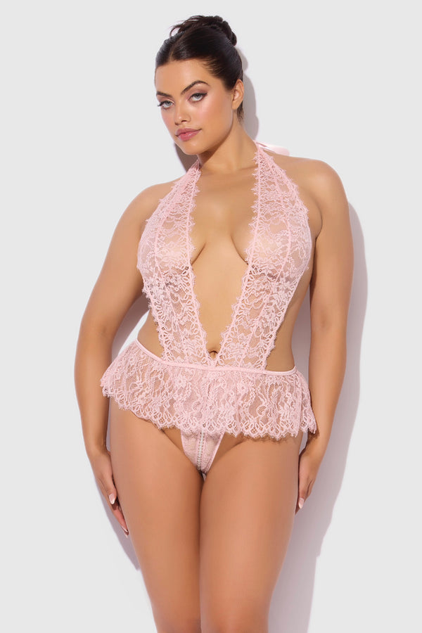 Jocelyn Lace and Pearl Plus Size Crotchless Teddy | Anya Lust Luxury Lingerie | Plus Size Sheer Lace Lingerie With Plunging Neckline