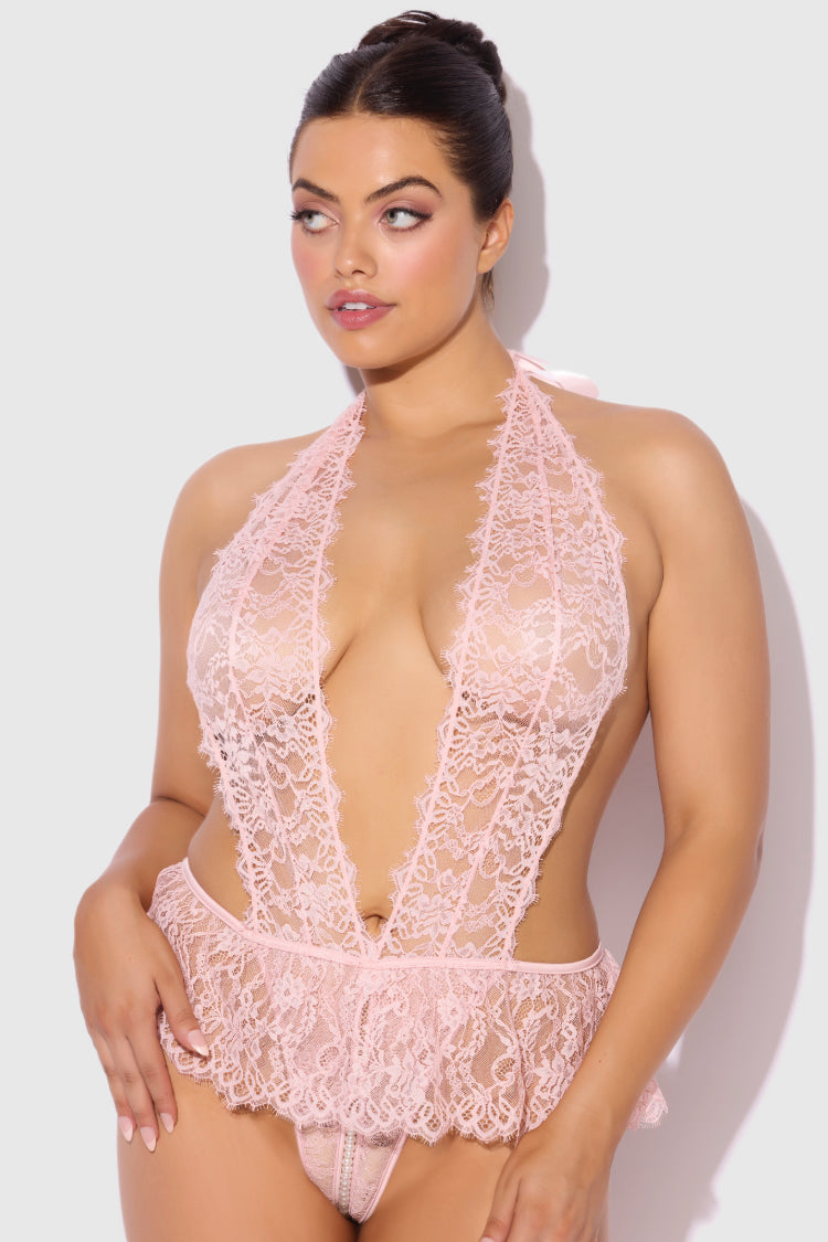 Jocelyn Lace and Pearl Plus Size Crotchless Teddy | Anya Lust Luxury Lingerie | Pearl and Lace Crotchless Lingerie Teddy with Functional Ties