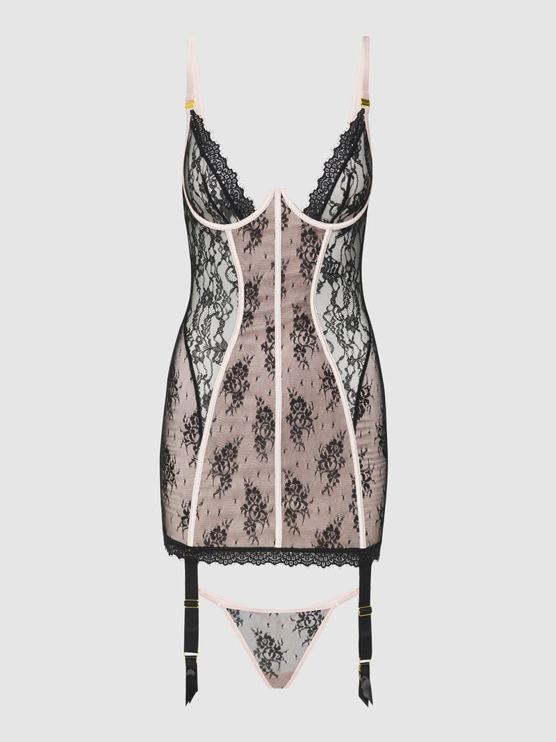 Jocelyn Satin And Lace Plus Size Chemise Set In Pink | Anya Lust Luxury Lingerie |  Erotic Sheer Chemise With Matching Gstring
