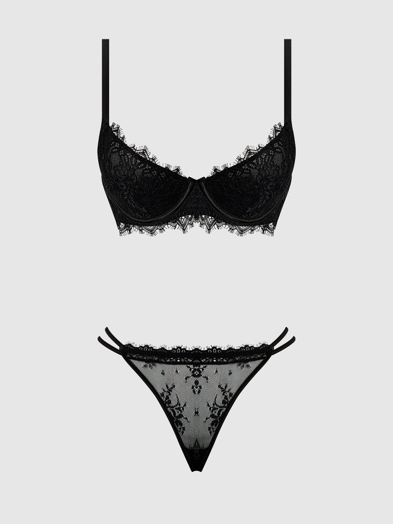 Jocelyn Satin And Lace Plus Size Push Up Bra Lingerie Set | Anya Lust Luxury Lingerie | Luxury Satin And Lace Black Pushup Bra With Matching Thong