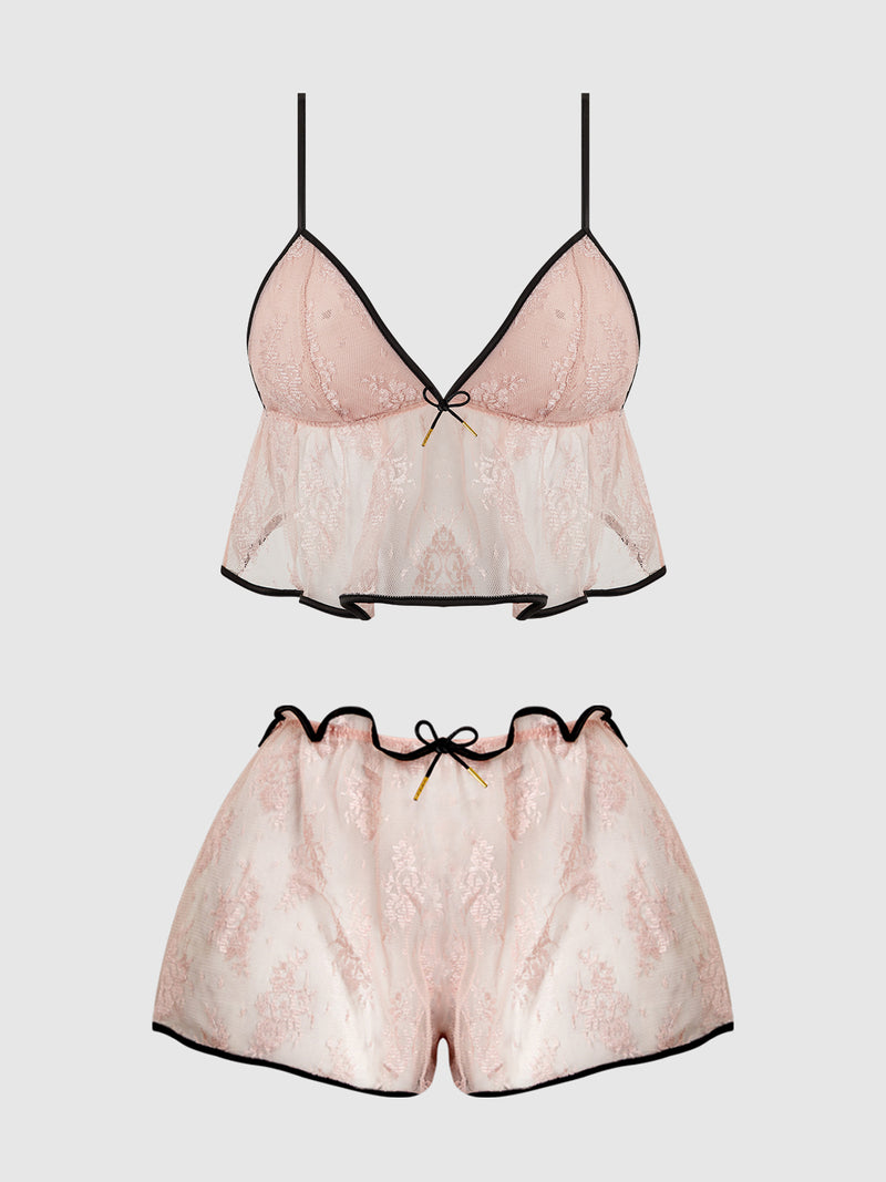 Jocelyn Satin And Lace Trim Cami And Short Set Pink Front  | Anya Lust Luxury Lingerie | Luxury Lightweight Satin And Lace Trim Cami Set For Women
