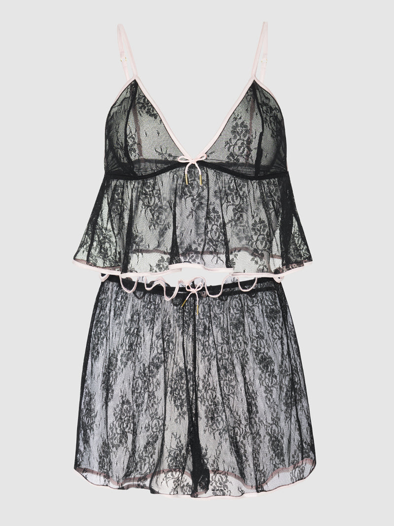 Jocelyn Satin And Lace Trim Cami and Short Set Black | Anya Lust Luxury Lingerie | See Through Romantic Date Night In Lace Trim Cami And Short Set 