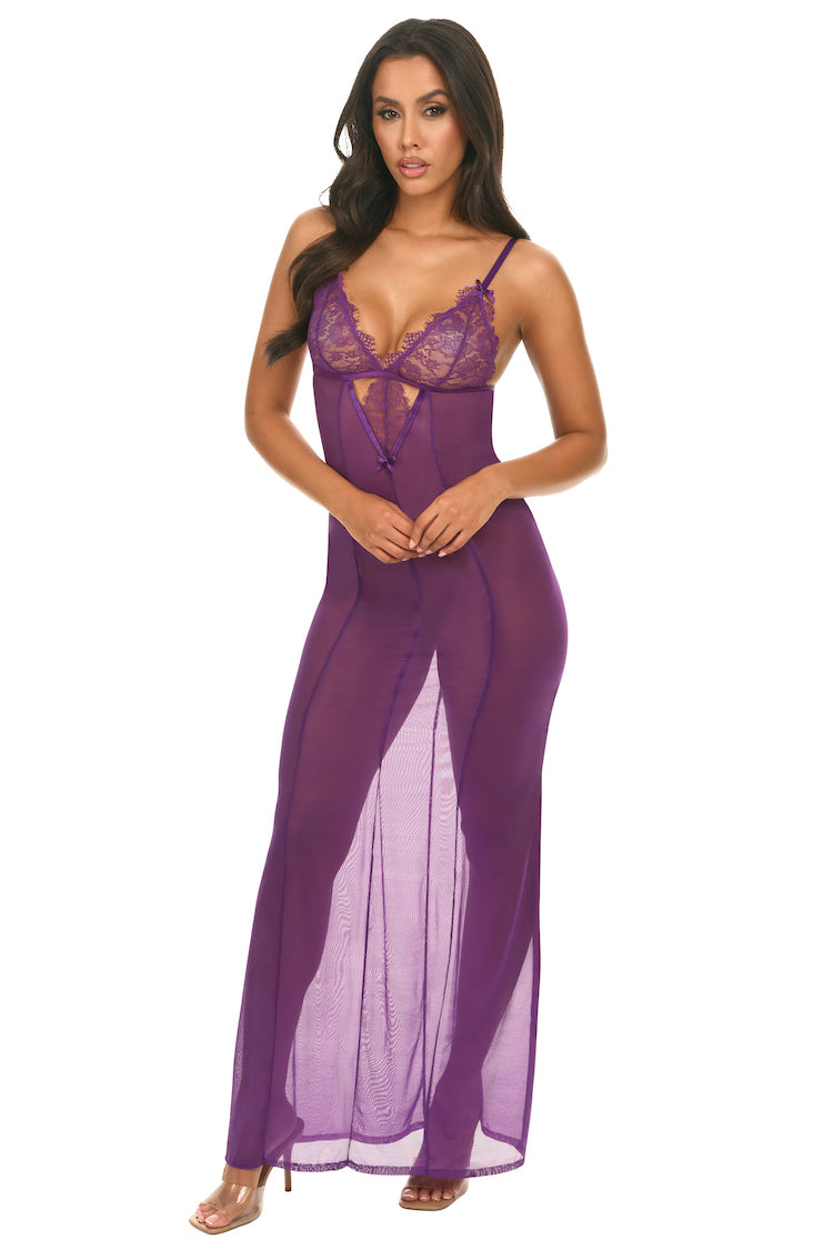 Katana Mesh Dress | Anya Lust Luxury Night Wear | Sexy Purple Long Mesh Dress With Lace