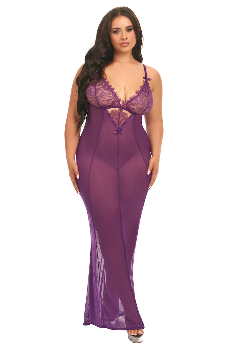 Katana Plus Size Mesh Dress | Anya Lust Luxury Nightwear | Sexy Purple Sheer Night Dress With V Neck Line For Curvy Women