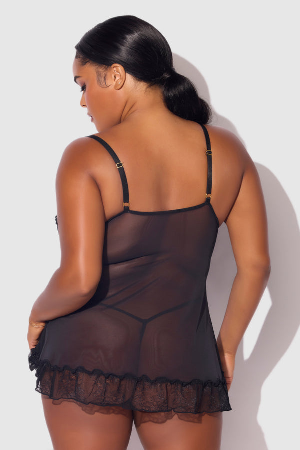 Kiki Lace Plus Size Babydoll Set Black Front | Anya Lust Luxury Lingerie | Flare Plus Size Sheer Baby Doll Lingerie 