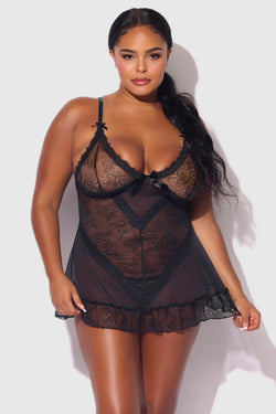 Kiki Lace Plus Size Babydoll Set Black | Anya Lust Luxury Lingerie | Seductive Flare Black Babydoll Set With Matching Panty 