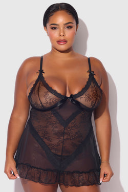 Kiki Lace Plus Size Babydoll Set Black | Anya Lust Luxury Lingerie | Sexy Luxury Nightwear For Plus Size Women 