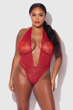 Kiki Lace Plus Size Plunge Halter Teddy | Anya Lust Luxury Lingerie | Sexy Red Halter Bodysuit For Plus Size Women
