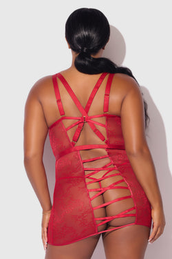 Kiki Lace Plus Size Strappy Chemise Set | Anya Lust Luxury Lingerie | Kinky Strappy Back Red Baby Doll Luxury Lingerie