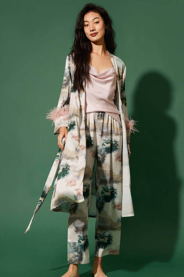 Landscape Printed 3 Piece Feather Pajama Set | Anya Lust Luxury Pajama | Elegant Three Piece Loungewear Set For Women 