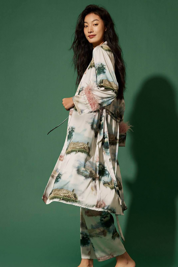 Landscape Printed 3 Piece Feather Pajama Set | Anya Lust Luxury Pajama | Luxury Long Kimono Robe With Belt And Pants And Camisole