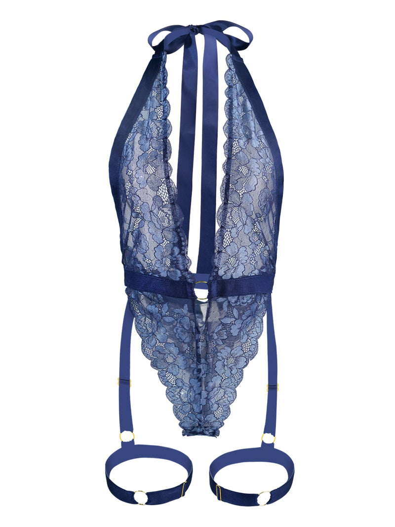 Lila Lace Suspenders Teddy in Blue | Anya Lust Luxury Lingerie | Alluring Blue Lace & Satin Tie Lingerie Bodysuit with Leg Strap and ring detailing for Romantic Nights