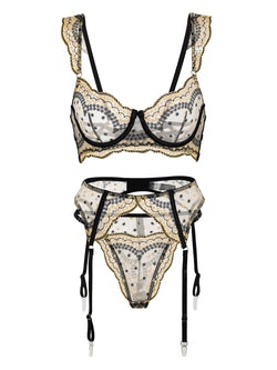 Lucia Black And Gold Lace Lingerie Set | Anya Lust Luxury Lingerie | Black And Gold Lace Embroidered Lingerie Set For Women