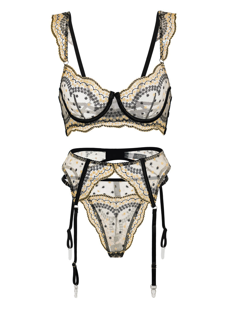 Lucia Black And Gold Lace Lingerie Set | Anya Lust Luxury Lingerie | Black And Gold Lace Embroidered Lingerie Set For Women