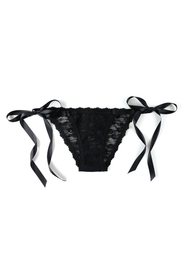 Lucy Lace & Satin Side Tie Panty in Black | Anya Lust Luxury Lingerie | Side Tie Lace Underwear for Women
