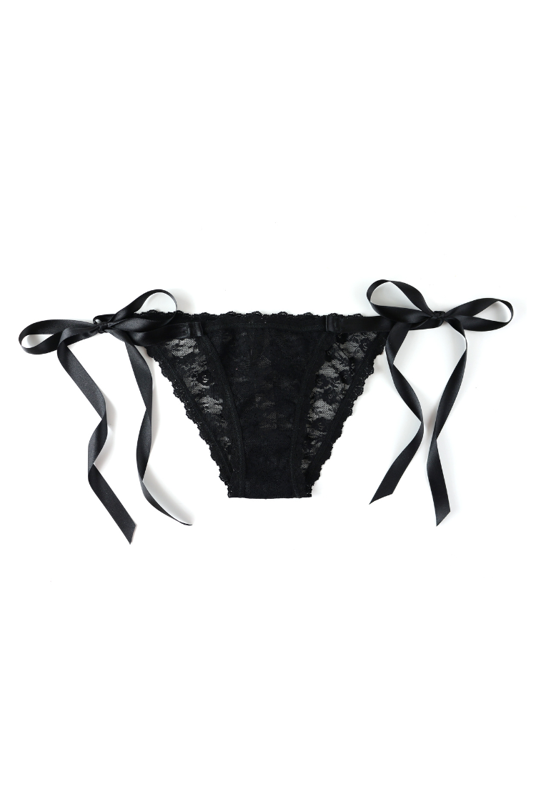 Lucy Lace & Satin Side Tie Panty in Black | Anya Lust Luxury Lingerie | Side Tie Lace Underwear for Women