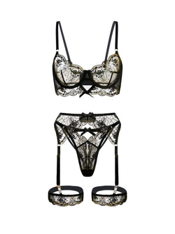 Maria Sheer Black & Gold Embroidered Lingerie Set | Anya Lust Luxury Lingerie | Seductive Sheer Black Lingerie with Matching Thong and Garter Belt