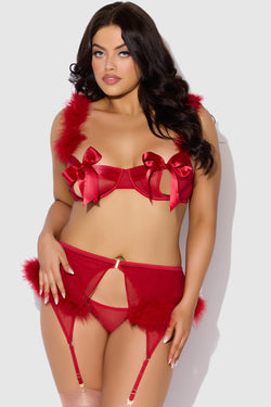 Marilyn Feather & Mesh Plus Size Lingerie Set | Anya Lust Luxury Lingerie | Red Lingerie Set with Satin Bows and Feather Trim 