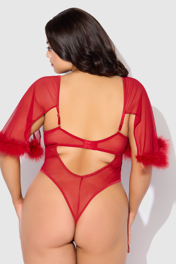 Marilyn Feather and Mesh Plus Size Bodysuit | Anya Lust Luxury Lingerie | Mesh Bodysuits with Arm coverups and Adjustable straps