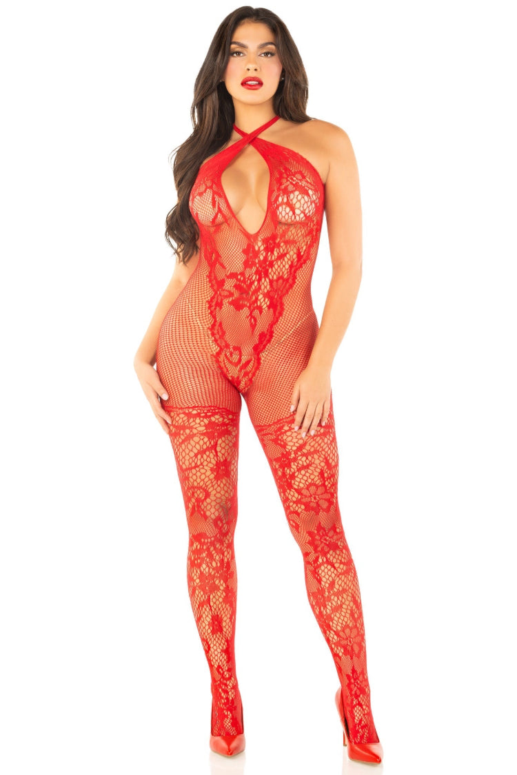 Mia Lace Bodystocking | Anya Lust Luxury Lingerie | Red Sheer Open Back Bodystocking For Women