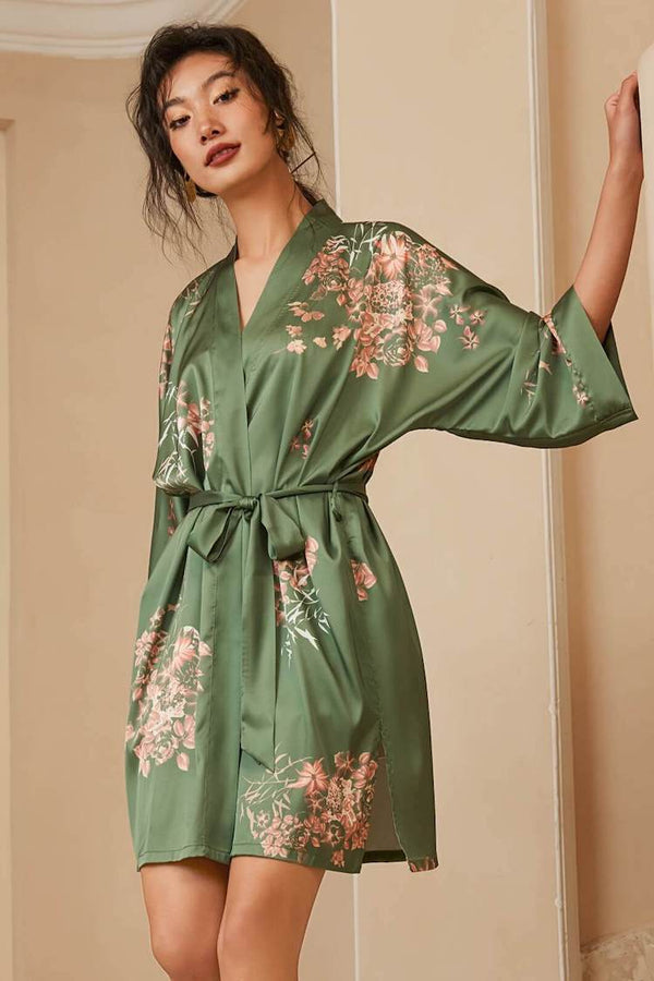 Mimi Short Kimono Robe Olive | Printed Satin Robe | Anya Lust | Luxury Lingerie | Designer Robe