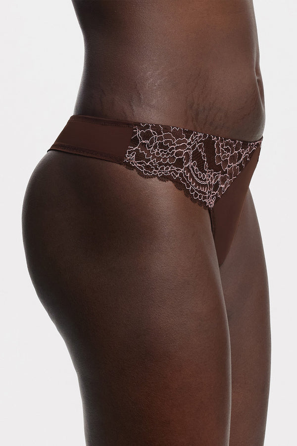 Minx Thong in Rich Chocolate | Anya Lust Luxury Lingerie for Women | Minx Thong in Rich Chocolate with floral lace detailing